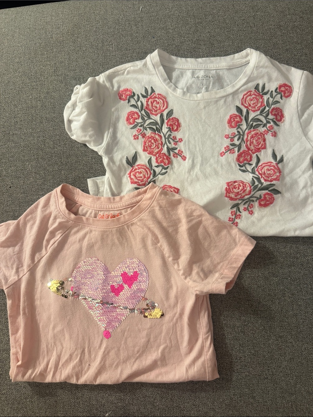 5/$15-Cat & Jack Pink Shirt with Sequin Heart & White Shirt with Floral Embroide